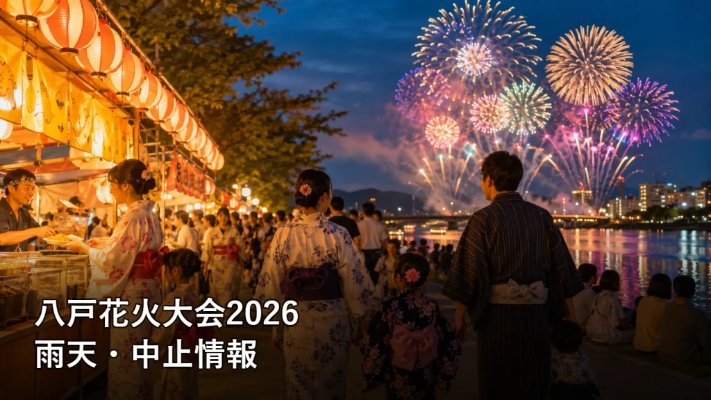八戸花火大会2026の雨天・中止情報を紹介する画像