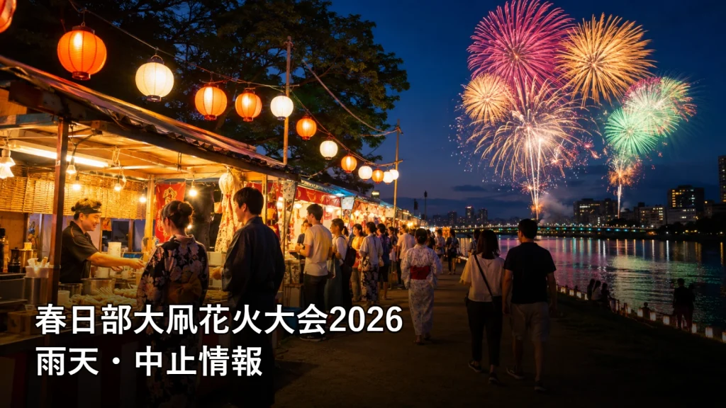 春日部大凧花火大会2026の雨天・中止情報を紹介する画像