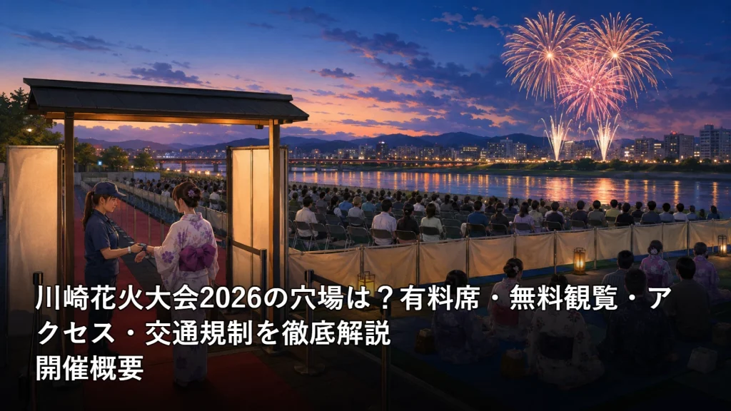川崎花火大会2026の穴場は?有料席・無料観覧・アクセス・交通規制を徹底解説の開催概要を紹介する画像