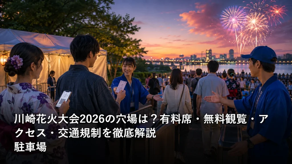 川崎花火大会2026の穴場は?有料席・無料観覧・アクセス・交通規制を徹底解説の駐車場を紹介する画像