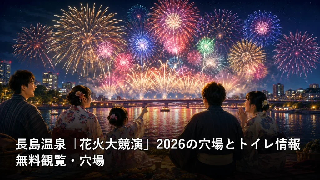 長島温泉「花火大競演」2026の穴場とトイレ情報の無料観覧・穴場を紹介する画像