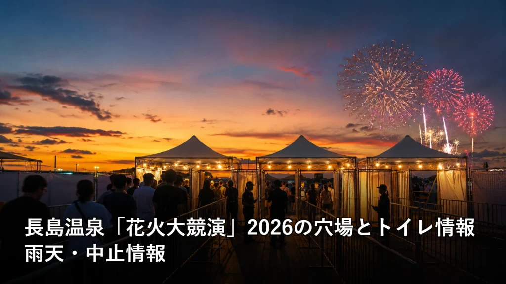 長島温泉「花火大競演」2026の穴場とトイレ情報の雨天・中止情報を紹介する画像