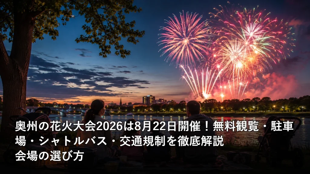 奥州の花火大会2026は8月22日開催!無料観覧・駐車場・シャトルバス・交通規制を徹底解説の会場の選び方を紹介する画像