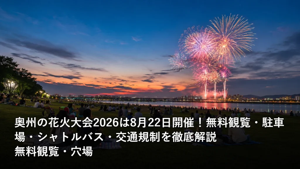 奥州の花火大会2026は8月22日開催!無料観覧・駐車場・シャトルバス・交通規制を徹底解説の無料観覧・穴場を紹介する画像