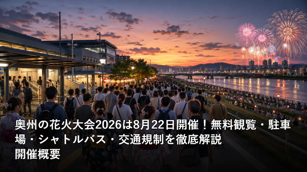 奥州の花火大会2026は8月22日開催!無料観覧・駐車場・シャトルバス・交通規制を徹底解説の開催概要を紹介する画像