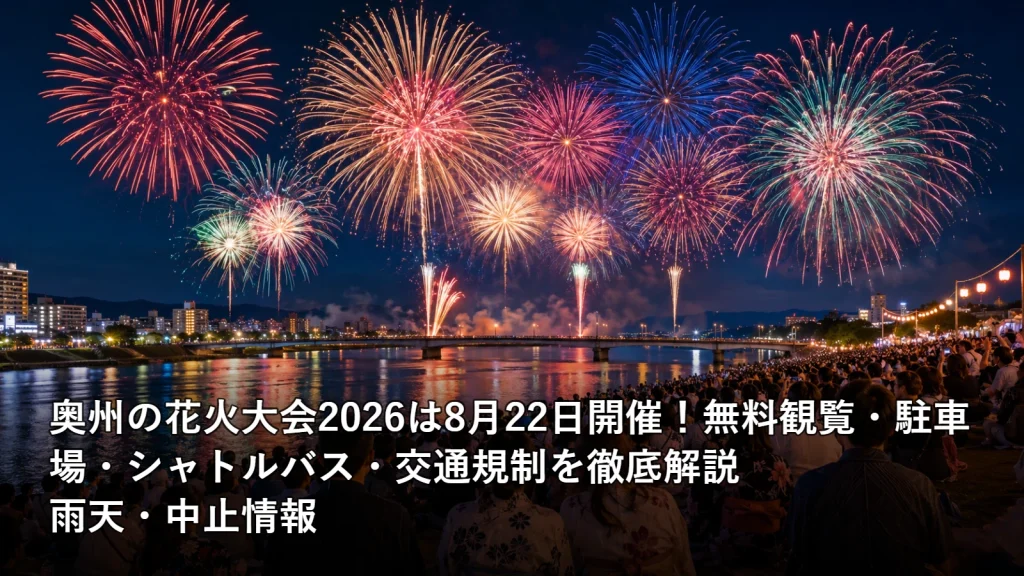 奥州の花火大会2026は8月22日開催!無料観覧・駐車場・シャトルバス・交通規制を徹底解説の雨天・中止情報を紹介する画像