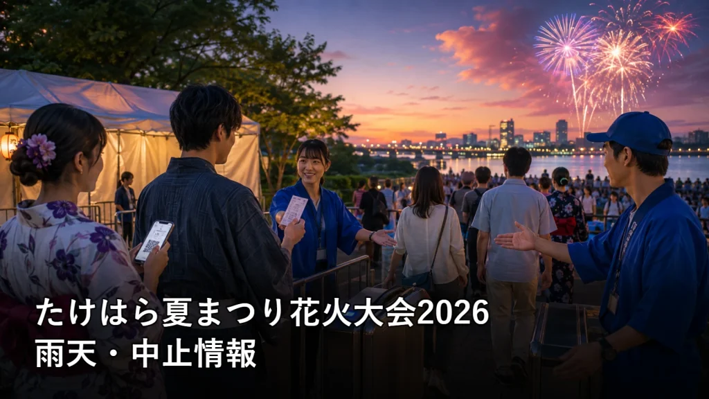 たけはら夏まつり花火大会2026の雨天・中止情報を紹介する画像