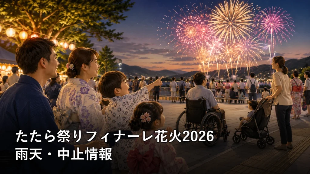 たたら祭りフィナーレ花火2026の雨天・中止情報を紹介する画像