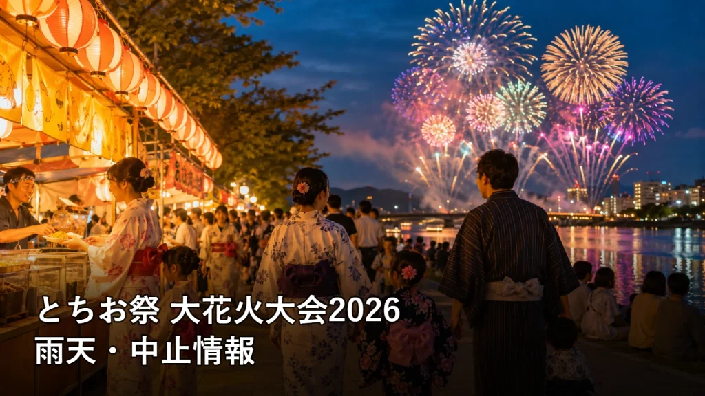 とちお祭 大花火大会2026の雨天・中止情報を紹介する画像