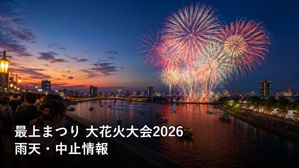 最上まつり 大花火大会2026の雨天・中止情報を紹介する画像